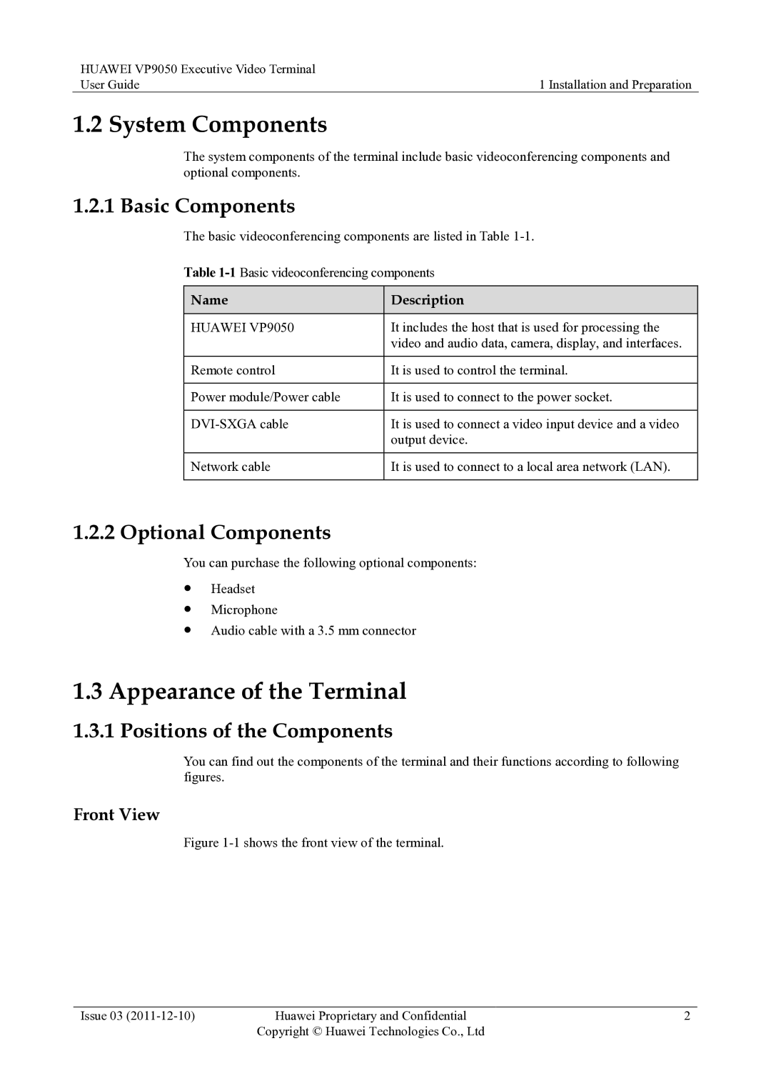 Huawei VP9050 manual System Components, Appearance of the Terminal, Basic Components, Optional Components 