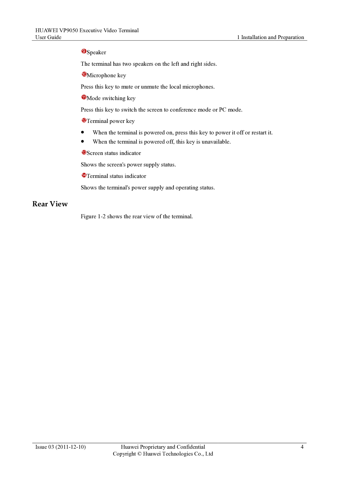 Huawei VP9050 manual Rear View, 2shows the rear view of the terminal 