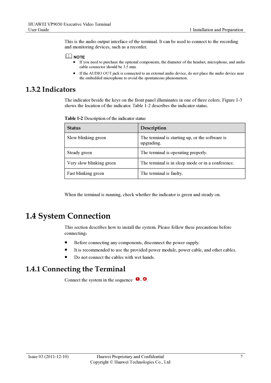 Huawei VP9050 manual System Connection, Indicators, Connecting the Terminal, Status Description 