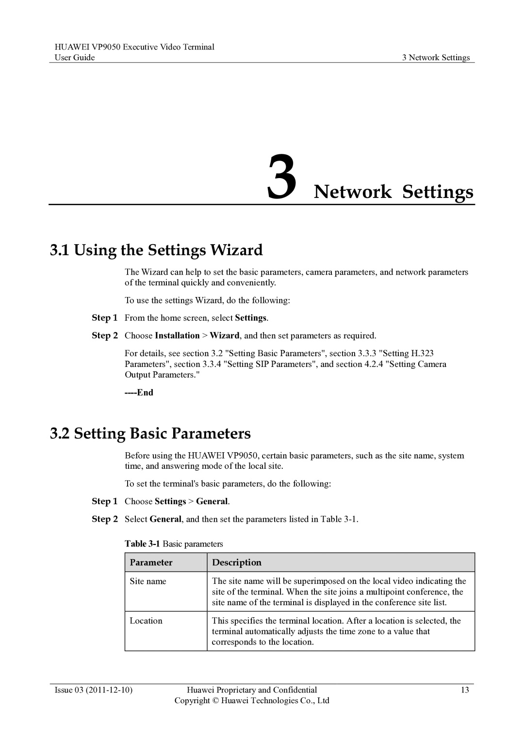 Huawei VP9050 manual Network Settings, Using the Settings Wizard, Setting Basic Parameters, Choose Settings General 