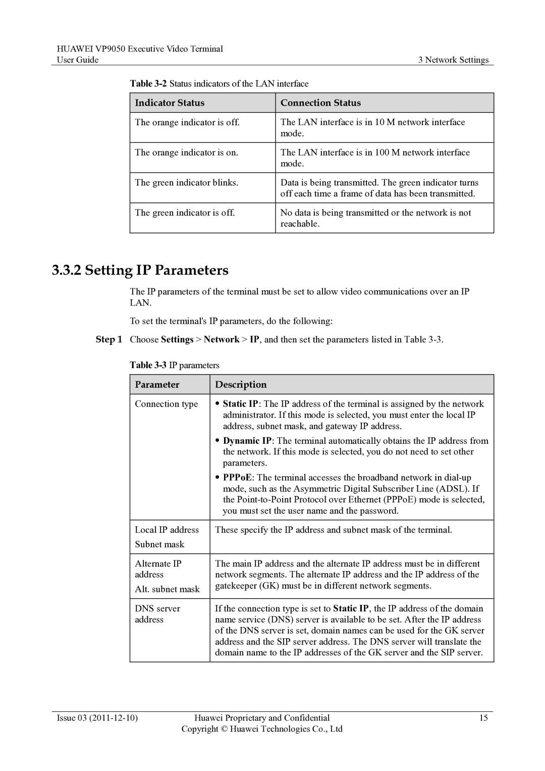 Huawei VP9050 manual Setting IP Parameters, Indicator Status Connection Status 