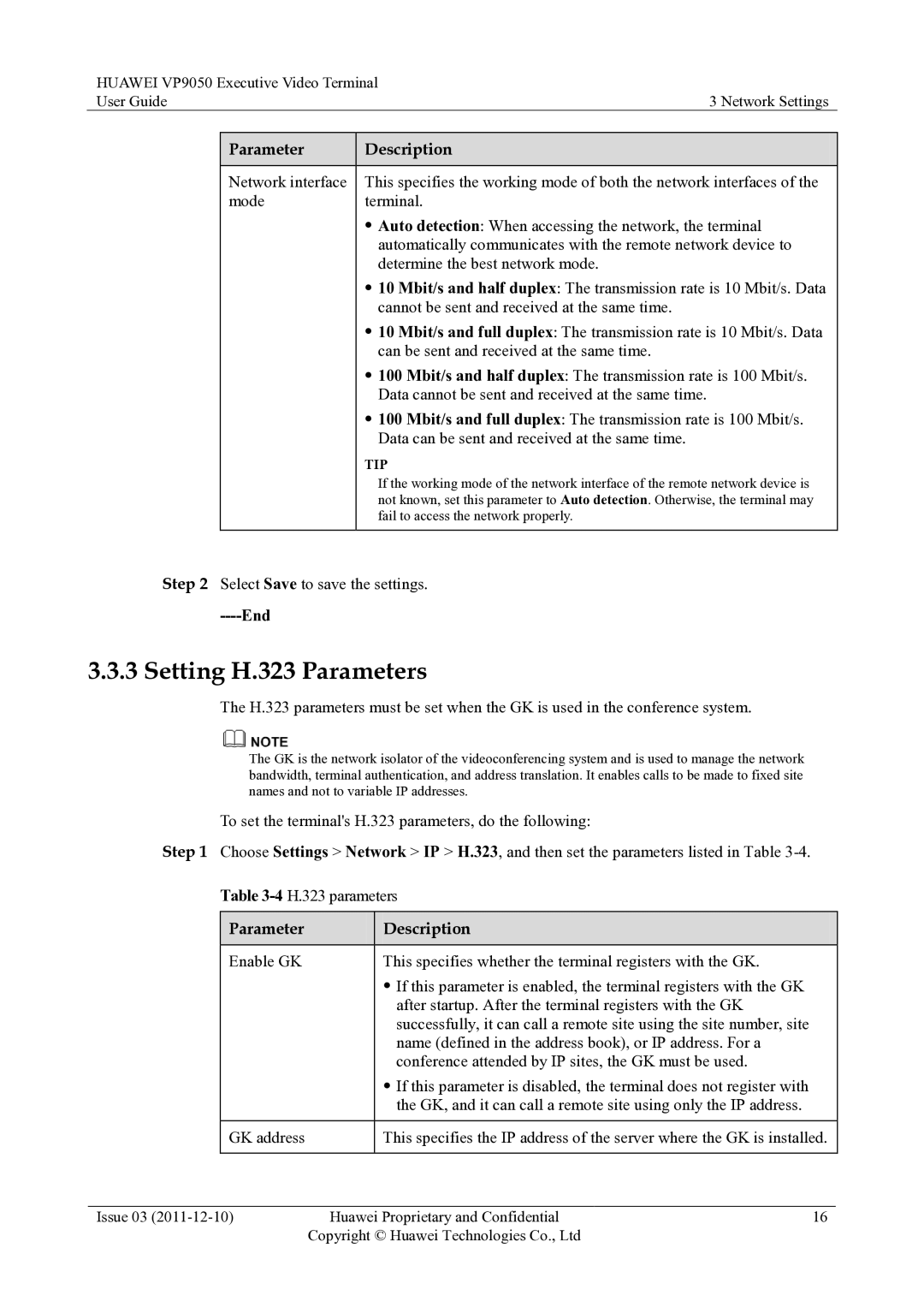 Huawei VP9050 manual Setting H.323 Parameters, Tip 