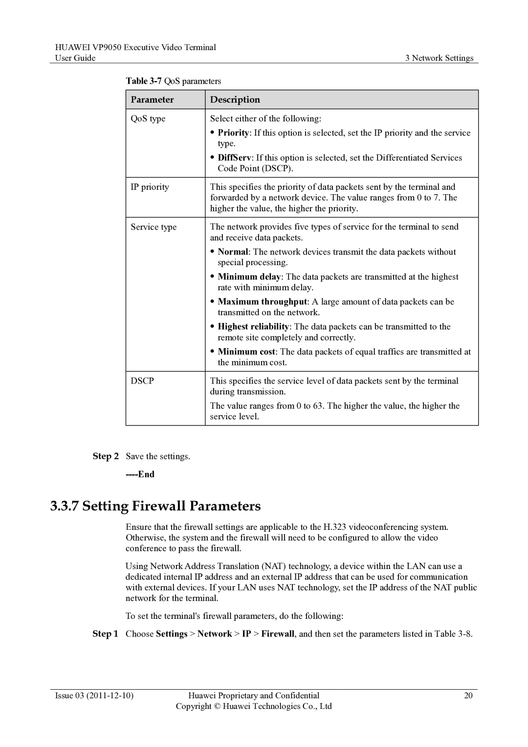 Huawei VP9050 manual Setting Firewall Parameters, Dscp 