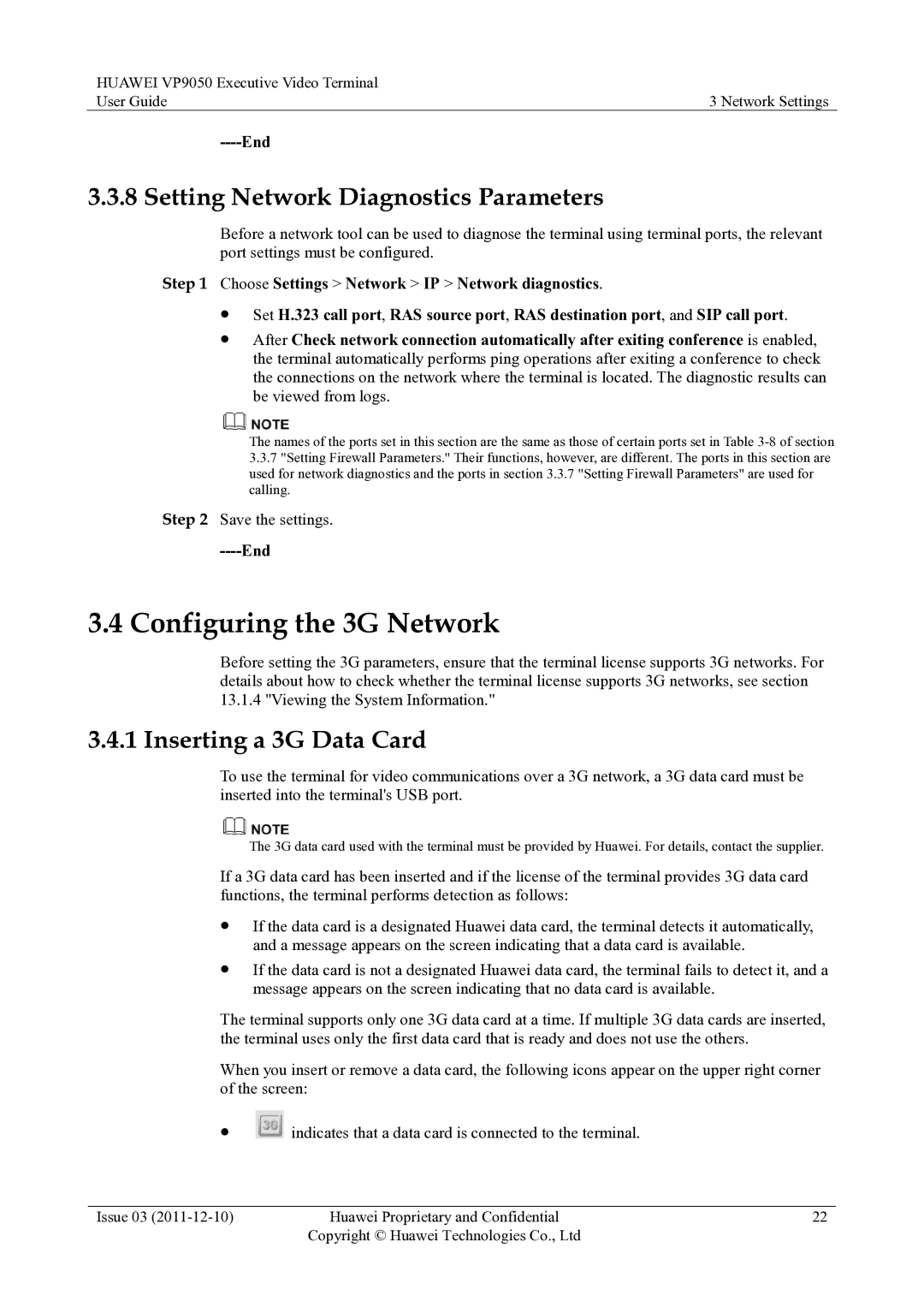 Huawei VP9050 manual Configuring the 3G Network, Setting Network Diagnostics Parameters, Inserting a 3G Data Card 