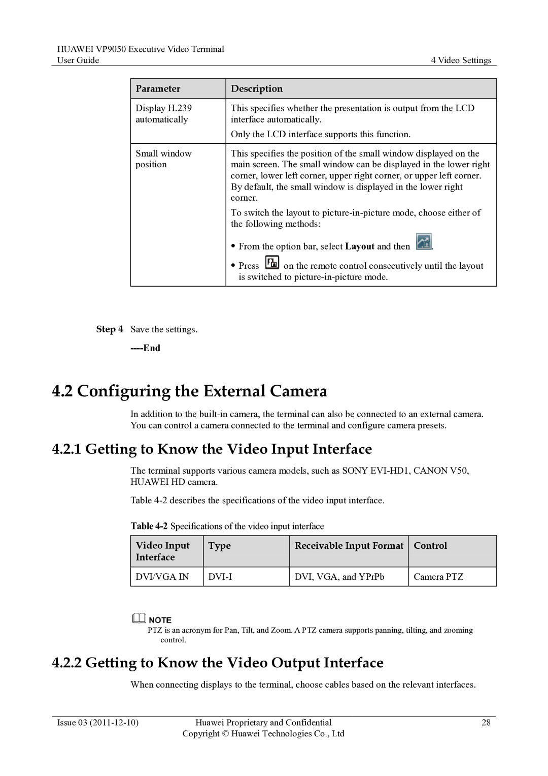 Huawei VP9050 Configuring the External Camera, Getting to Know the Video Input Interface, DVI, VGA, and YPrPb Camera PTZ 