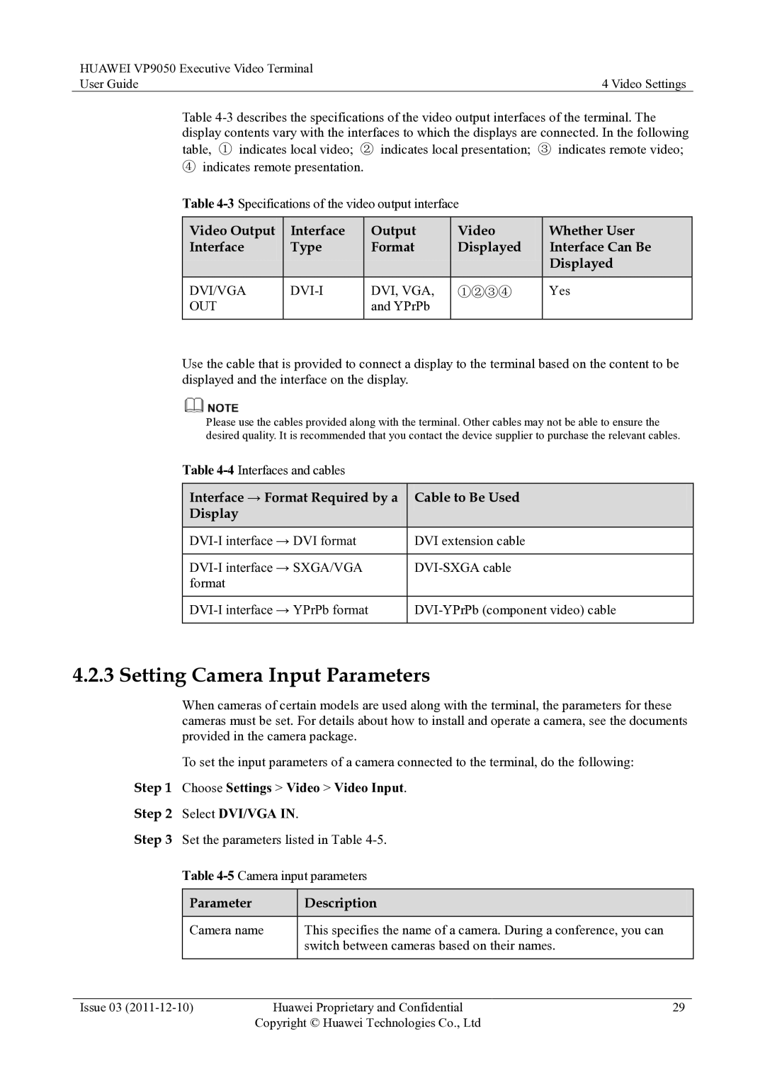 Huawei VP9050 manual Setting Camera Input Parameters, Yes, YPrPb, Interface → Format Required by a Cable to Be Used Display 