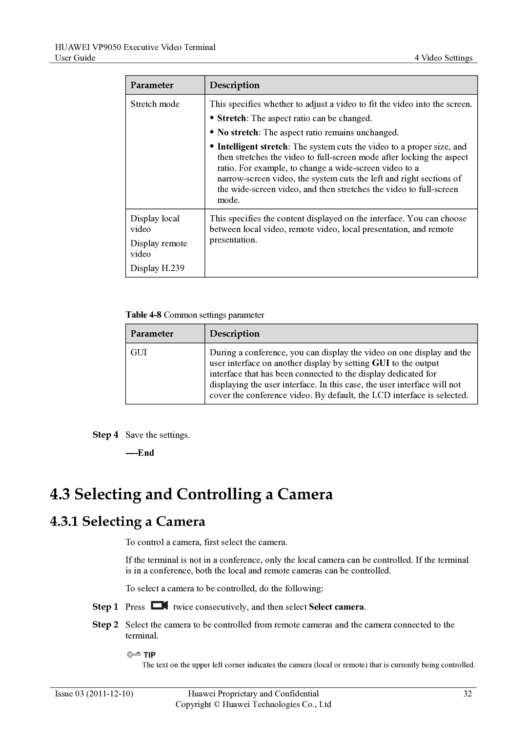 Huawei VP9050 manual Selecting and Controlling a Camera, Selecting a Camera, Press 