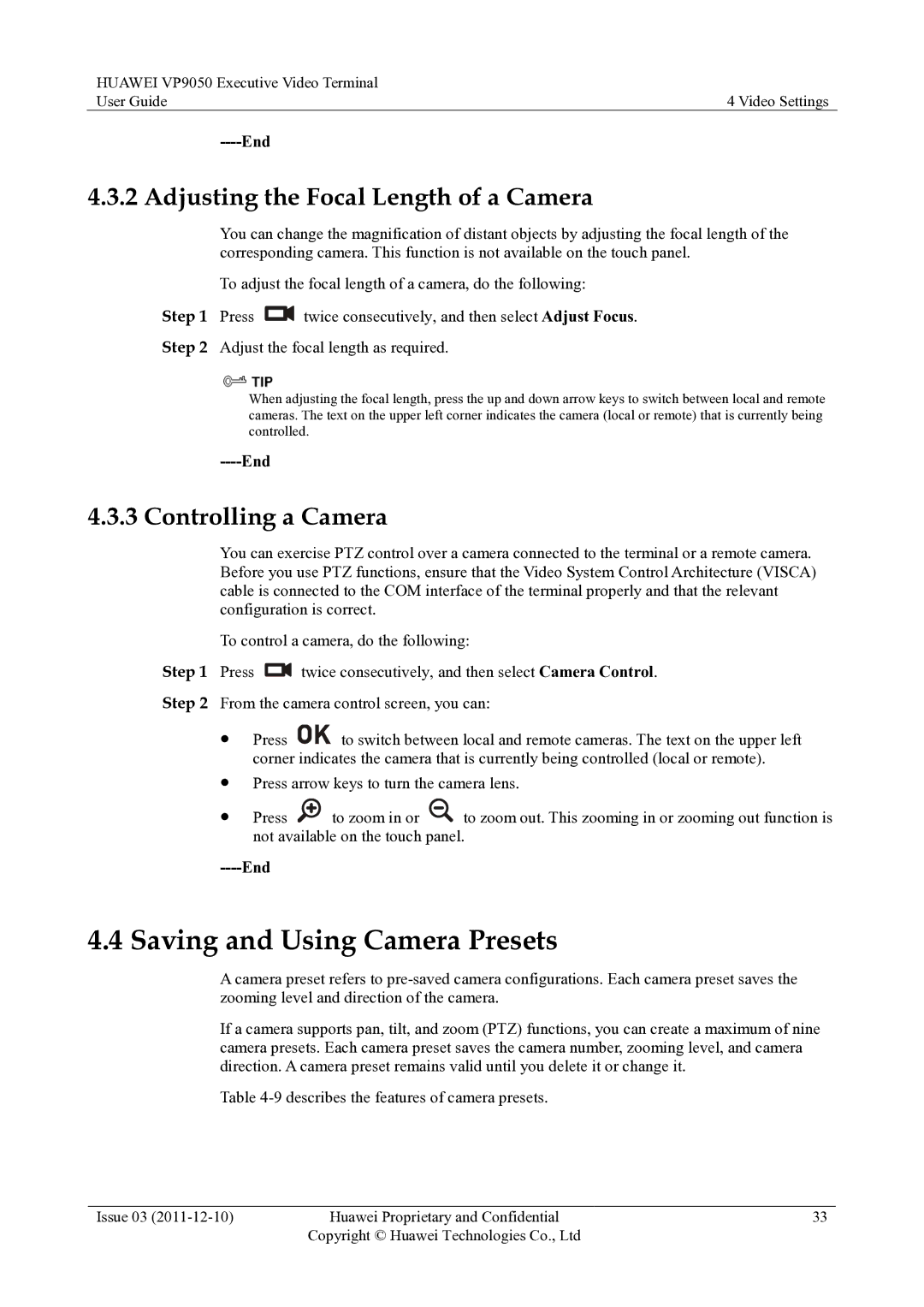 Huawei VP9050 manual Saving and Using Camera Presets, Adjusting the Focal Length of a Camera, Controlling a Camera 