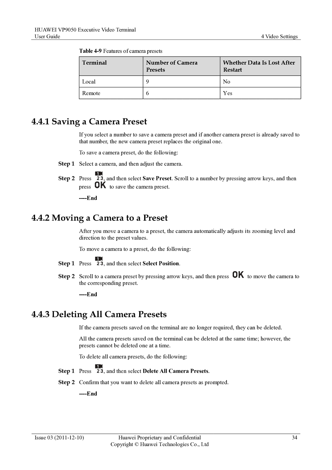 Huawei VP9050 manual Saving a Camera Preset, Moving a Camera to a Preset, Deleting All Camera Presets, Step 