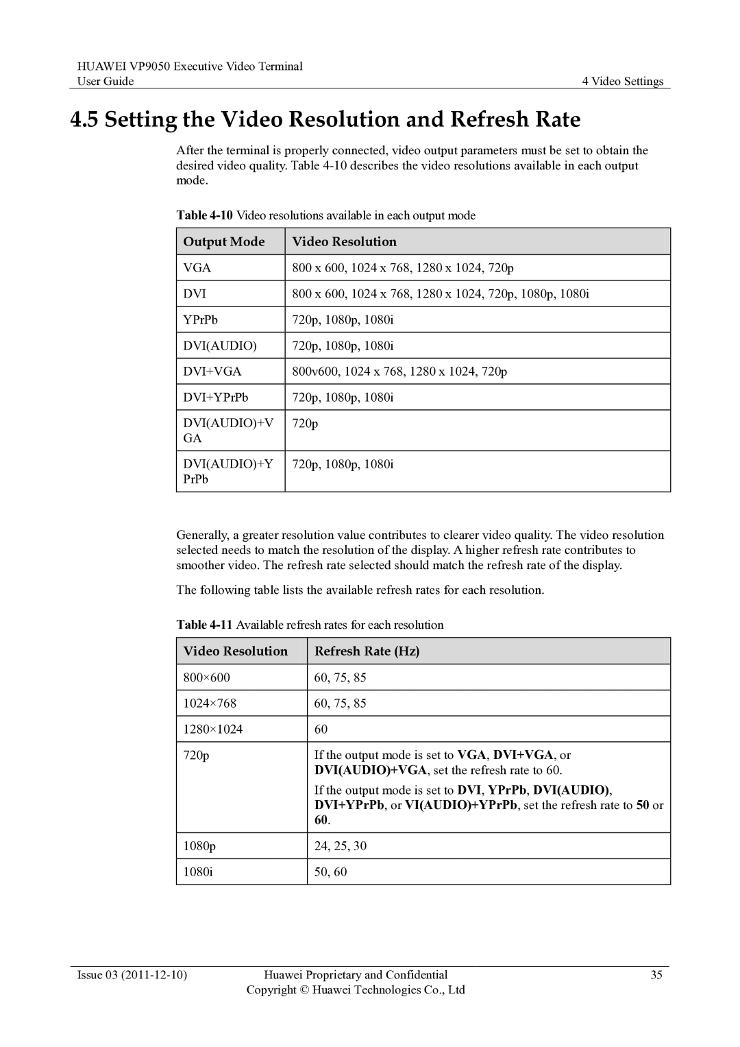 Huawei VP9050 manual Setting the Video Resolution and Refresh Rate, Output Mode Video Resolution 