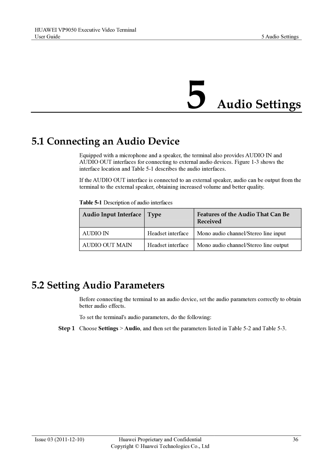 Huawei VP9050 manual Audio Settings, Connecting an Audio Device, Setting Audio Parameters 