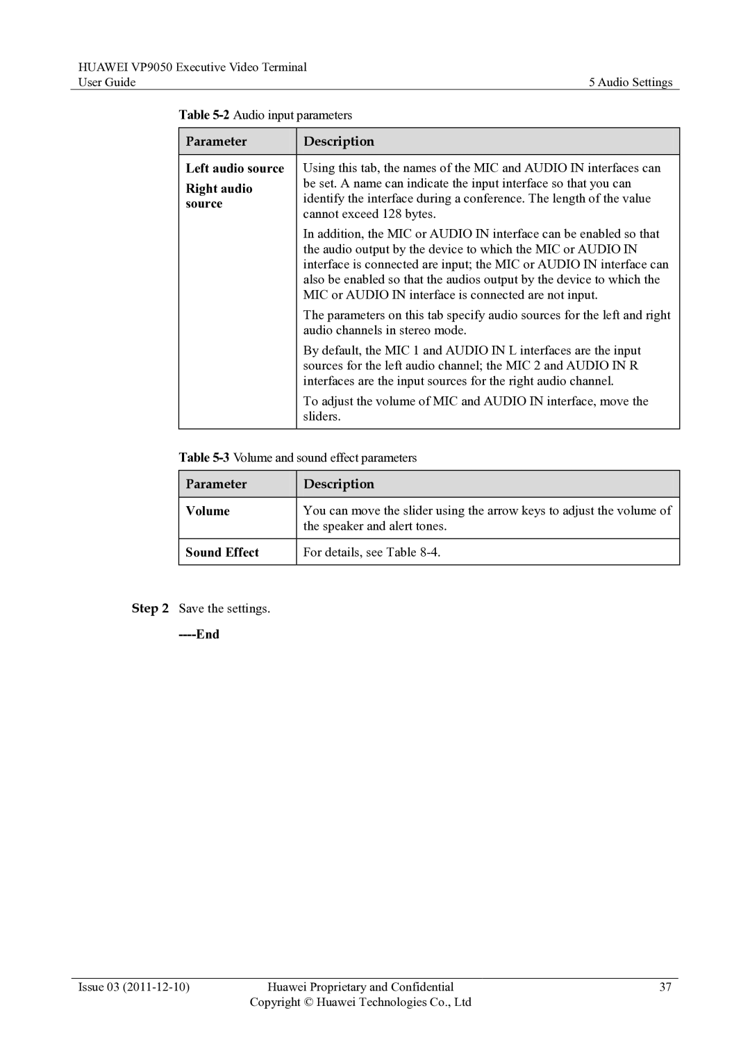 Huawei VP9050 manual Left audio source, Right audio, Source, Volume, Sound Effect 