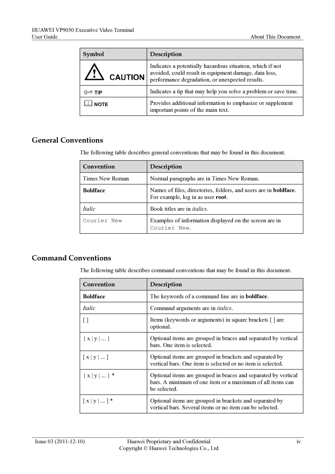 Huawei VP9050 manual General Conventions, Command Conventions, Convention Description, Boldface 