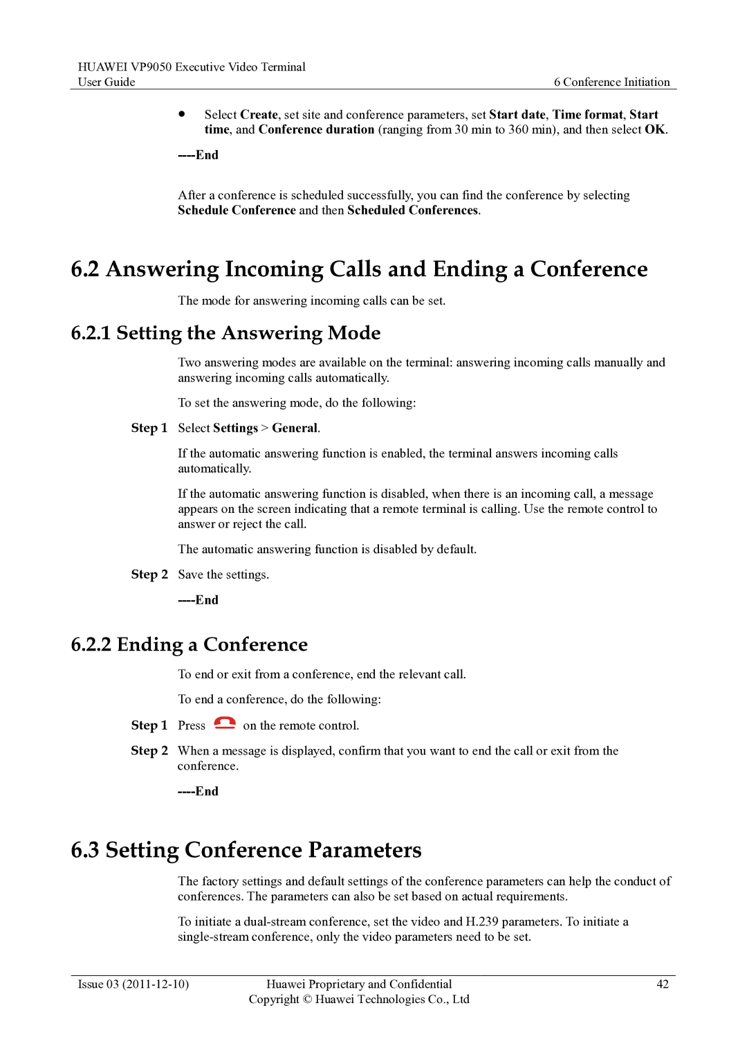 Huawei VP9050 Answering Incoming Calls and Ending a Conference, Setting Conference Parameters, Setting the Answering Mode 