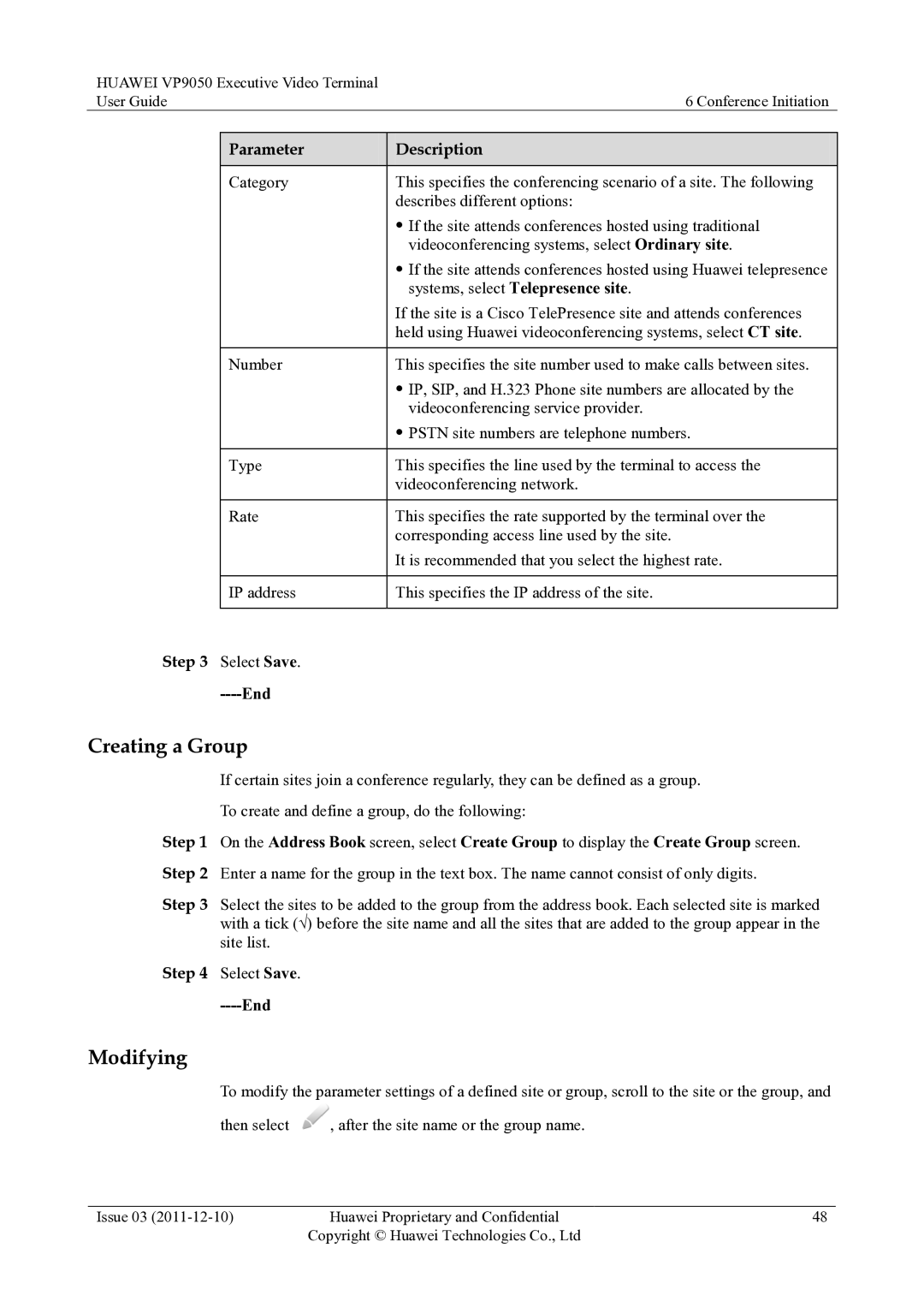 Huawei VP9050 manual Creating a Group, Modifying 