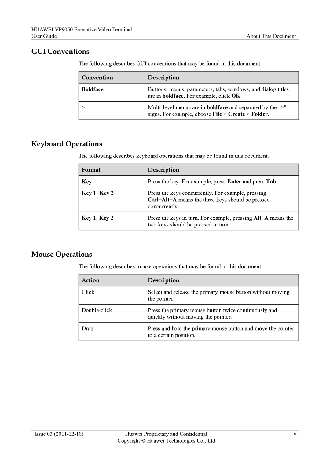 Huawei VP9050 manual GUI Conventions, Keyboard Operations, Mouse Operations 