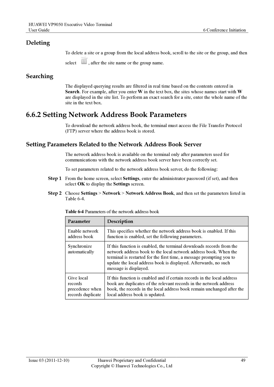 Huawei VP9050 manual Setting Network Address Book Parameters, Deleting, Searching 