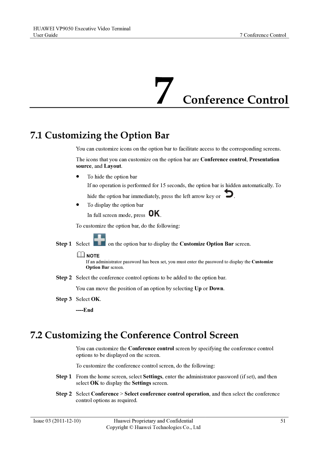 Huawei VP9050 manual Customizing the Option Bar, Customizing the Conference Control Screen, Select 