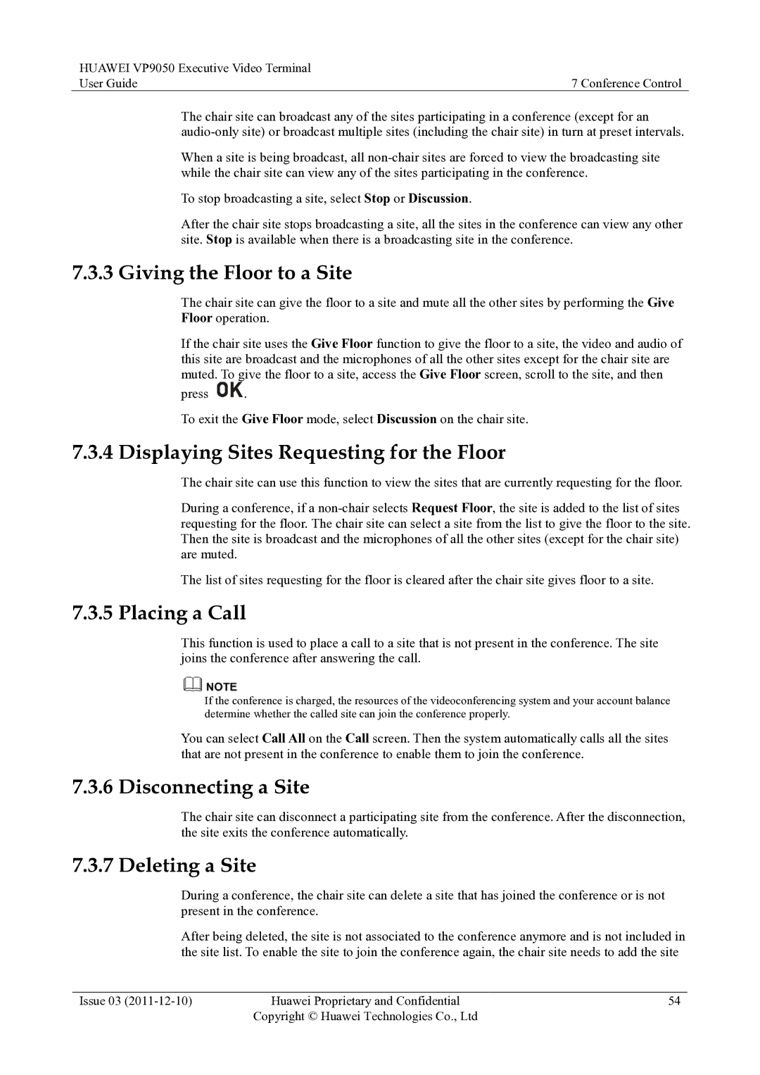 Huawei VP9050 Giving the Floor to a Site, Displaying Sites Requesting for the Floor, Placing a Call, Disconnecting a Site 