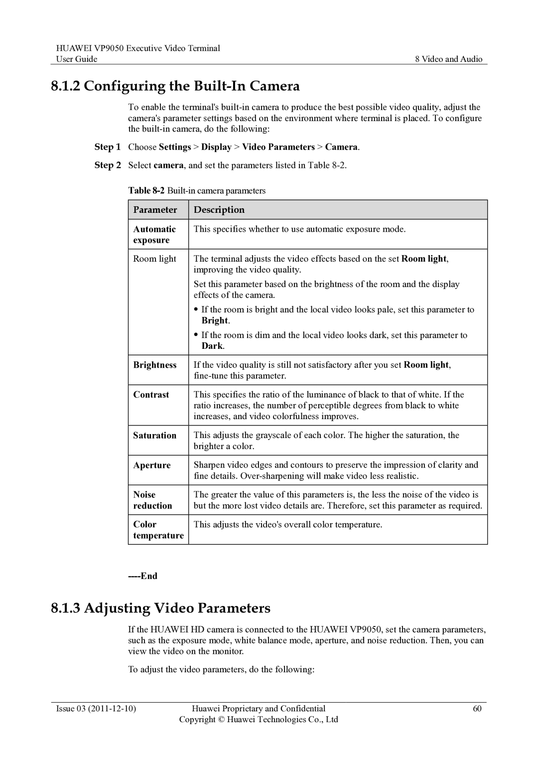 Huawei VP9050 manual Configuring the Built-In Camera, Adjusting Video Parameters 