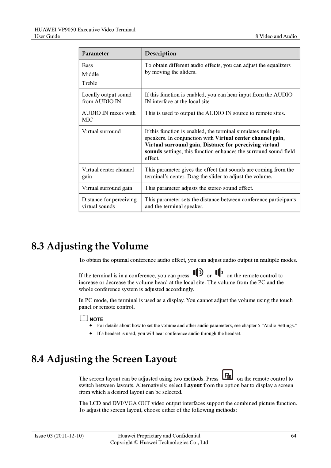 Huawei VP9050 Adjusting the Volume, Adjusting the Screen Layout, Virtual surround gain, Distance for perceiving virtual 