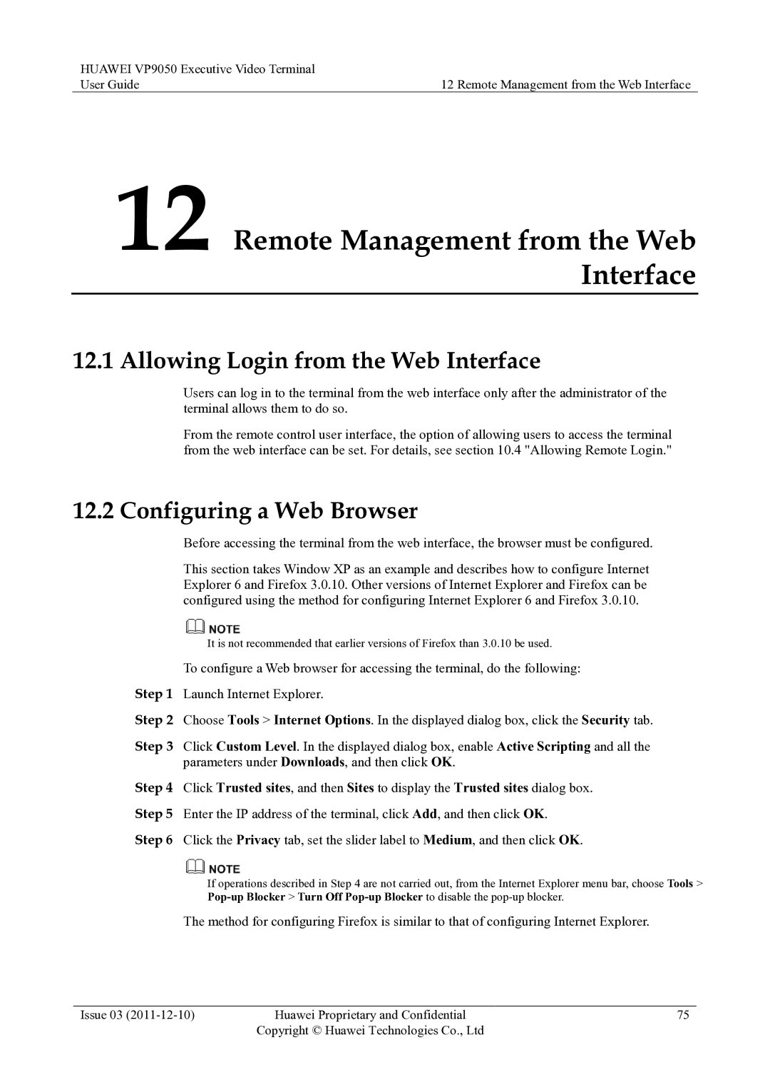 Huawei VP9050 Remote Management from the Web Interface, Allowing Login from the Web Interface, Configuring a Web Browser 