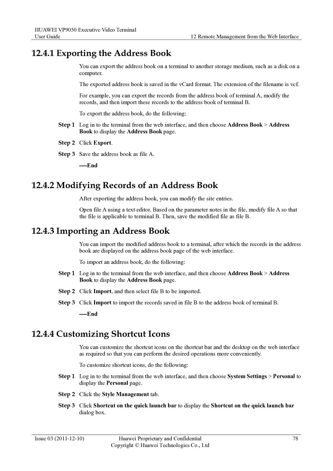 Huawei VP9050 manual Exporting the Address Book, Modifying Records of an Address Book, Importing an Address Book 