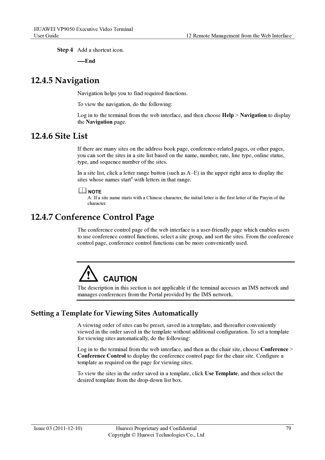 Huawei VP9050 manual Navigation, Site List, Conference Control, Setting a Template for Viewing Sites Automatically 