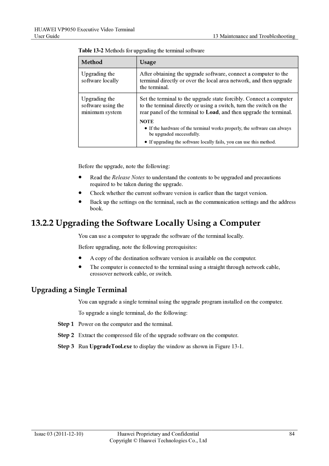 Huawei VP9050 manual Upgrading the Software Locally Using a Computer, Upgrading a Single Terminal, Method Usage 