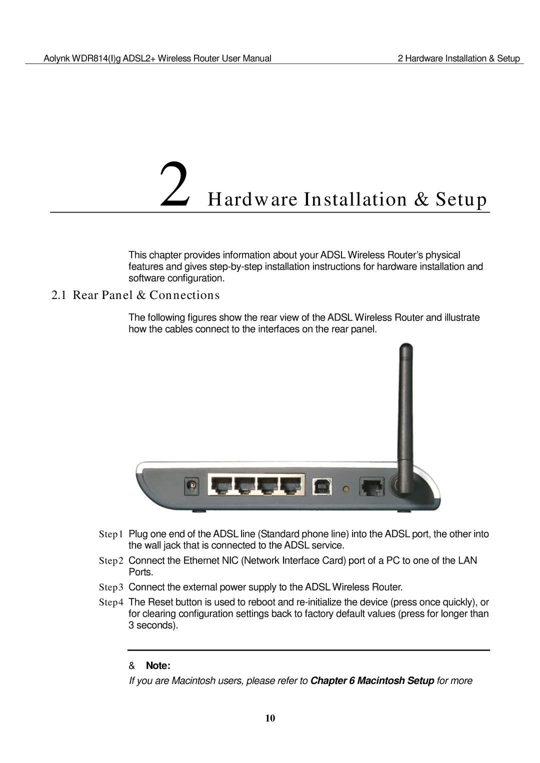 Huawei WDR814IG, WDR814G user manual Hardware Installation & Setup, Rear Panel & Connections 