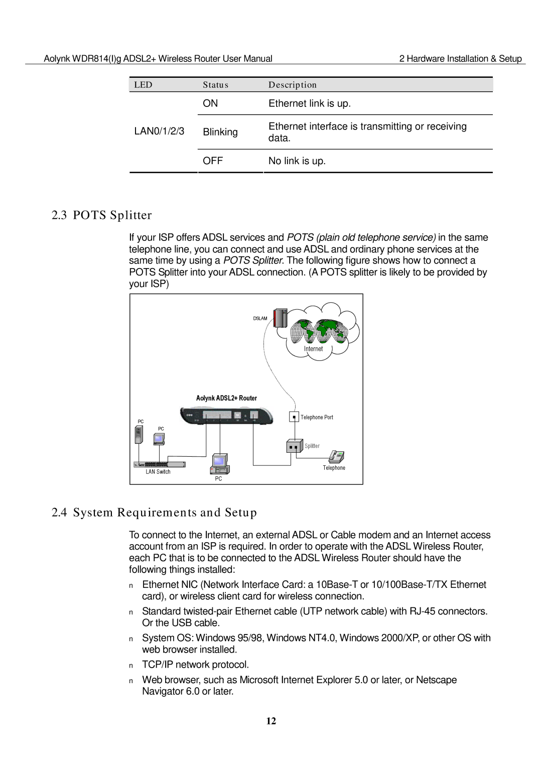 Huawei WDR814IG, WDR814G user manual Pots Splitter, System Requirements and Setup 