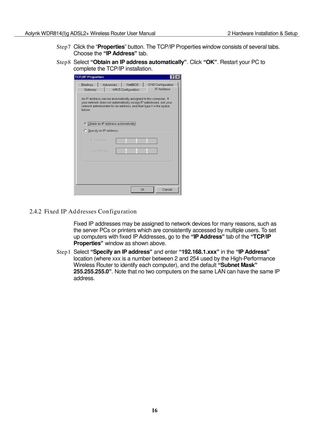 Huawei WDR814IG, WDR814G user manual Fixed IP Addresses Configuration 