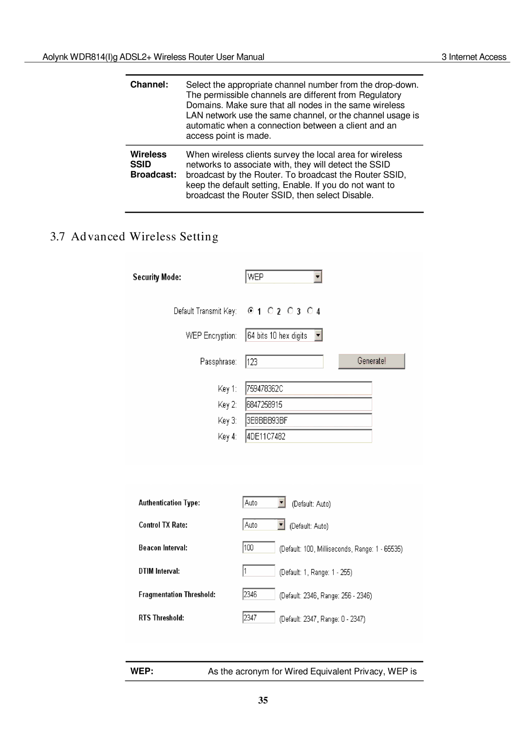 Huawei WDR814G, WDR814IG user manual Advanced Wireless Setting 