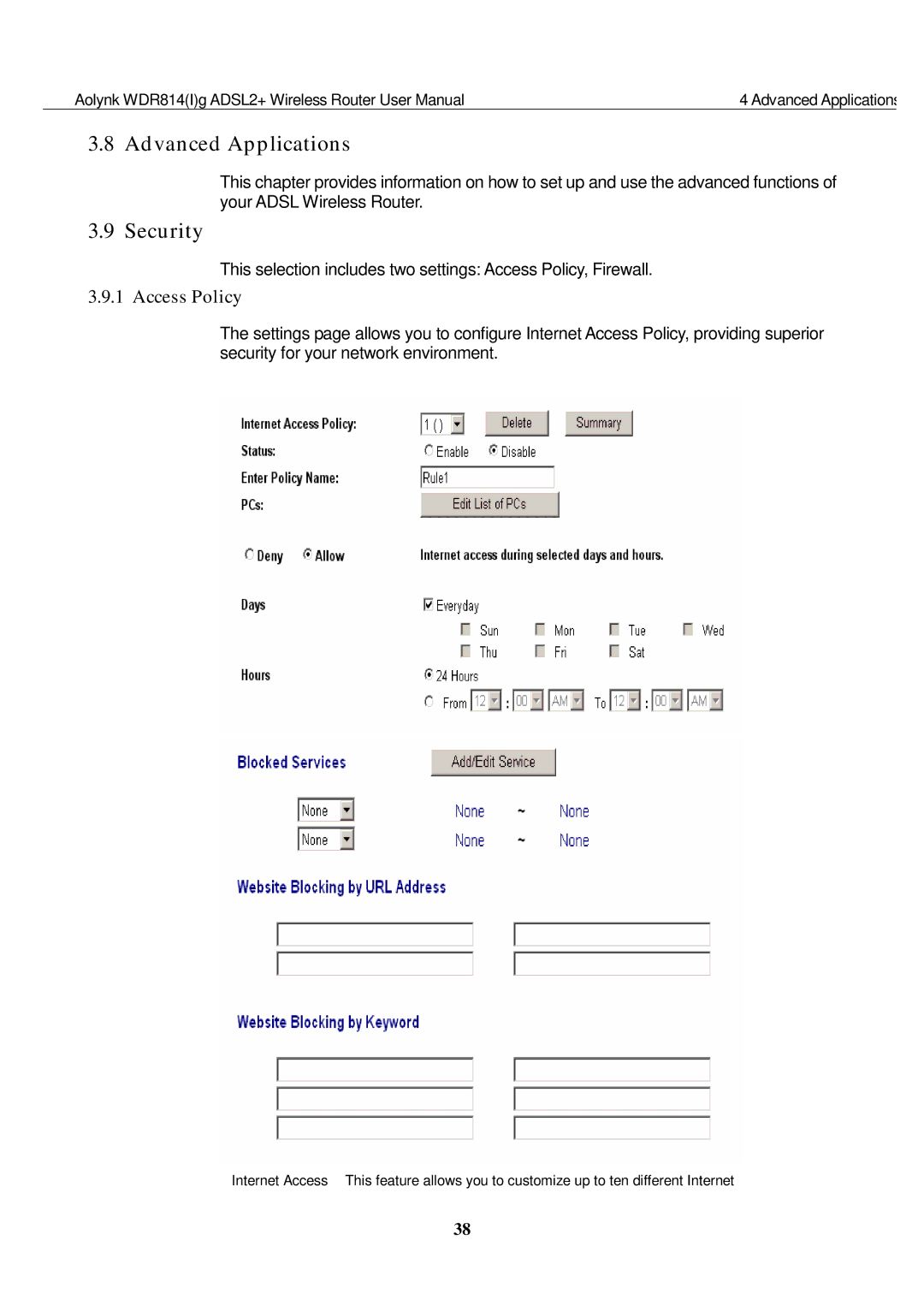 Huawei WDR814IG, WDR814G user manual Advanced Applications, Security, Access Policy 