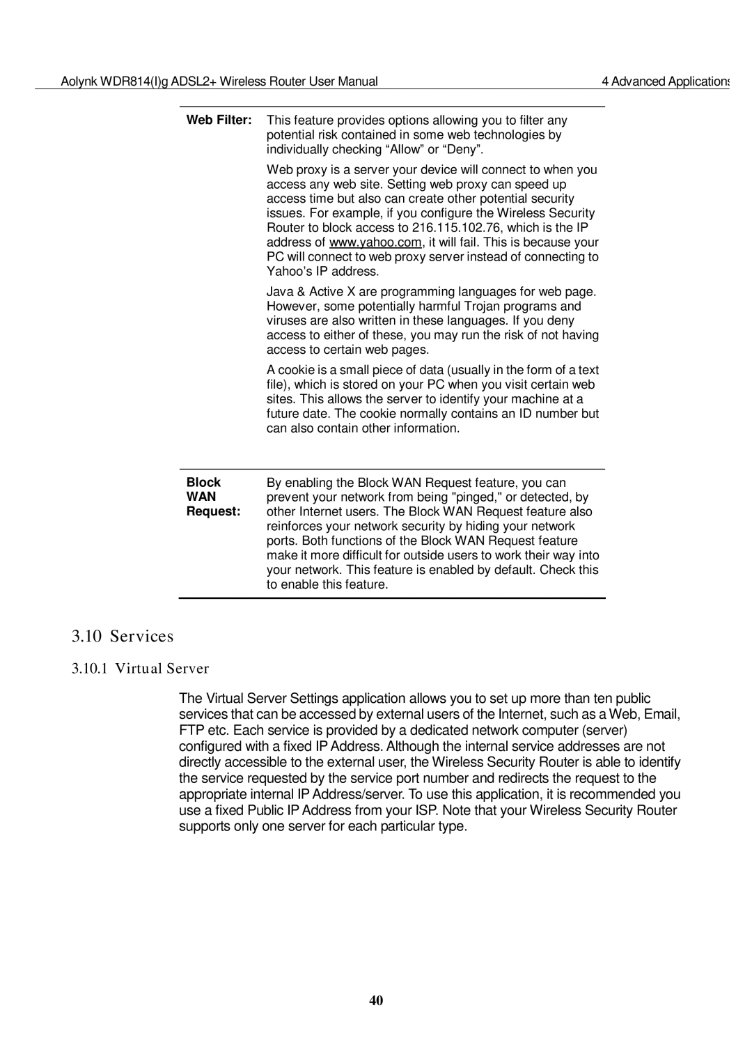 Huawei WDR814IG, WDR814G user manual Services, Virtual Server, Web Filter, Block, Request 