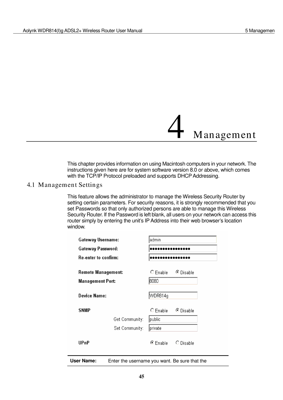 Huawei WDR814G, WDR814IG user manual Management Settings 