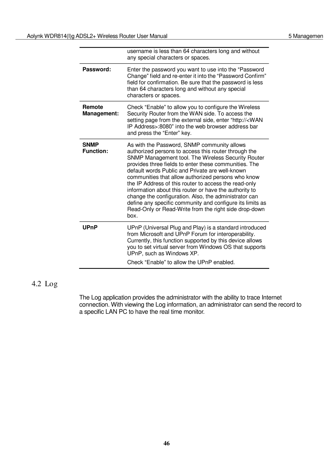 Huawei WDR814IG, WDR814G user manual Log, Remote, Management, Function, UPnP 