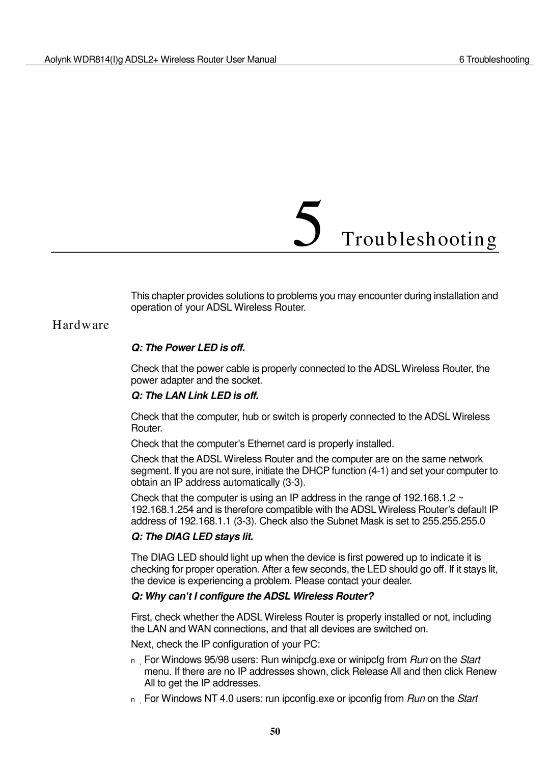 Huawei WDR814IG, WDR814G user manual Troubleshooting, Hardware 