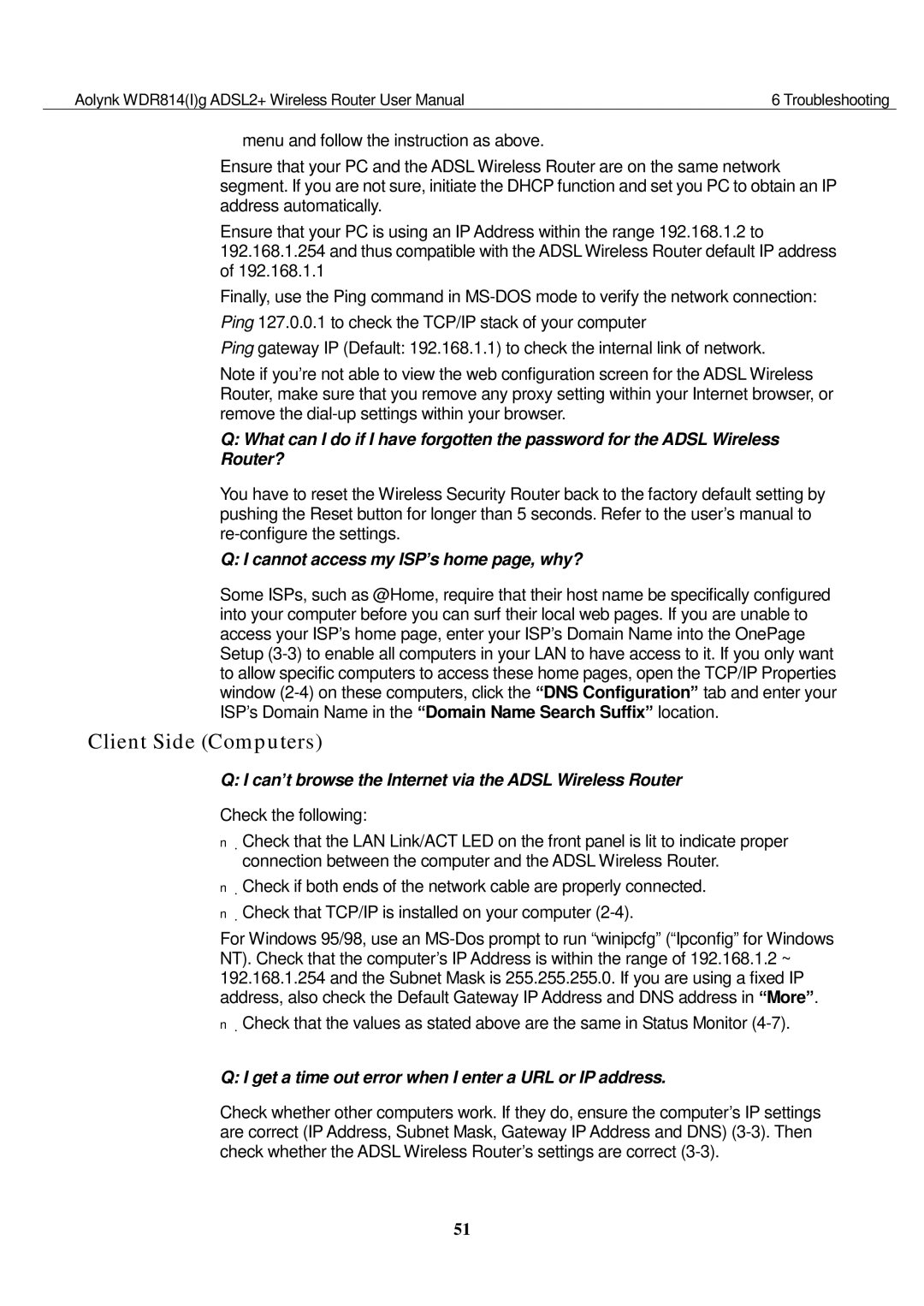 Huawei WDR814G, WDR814IG user manual Client Side Computers, Cannot access my ISP’s home page, why? 