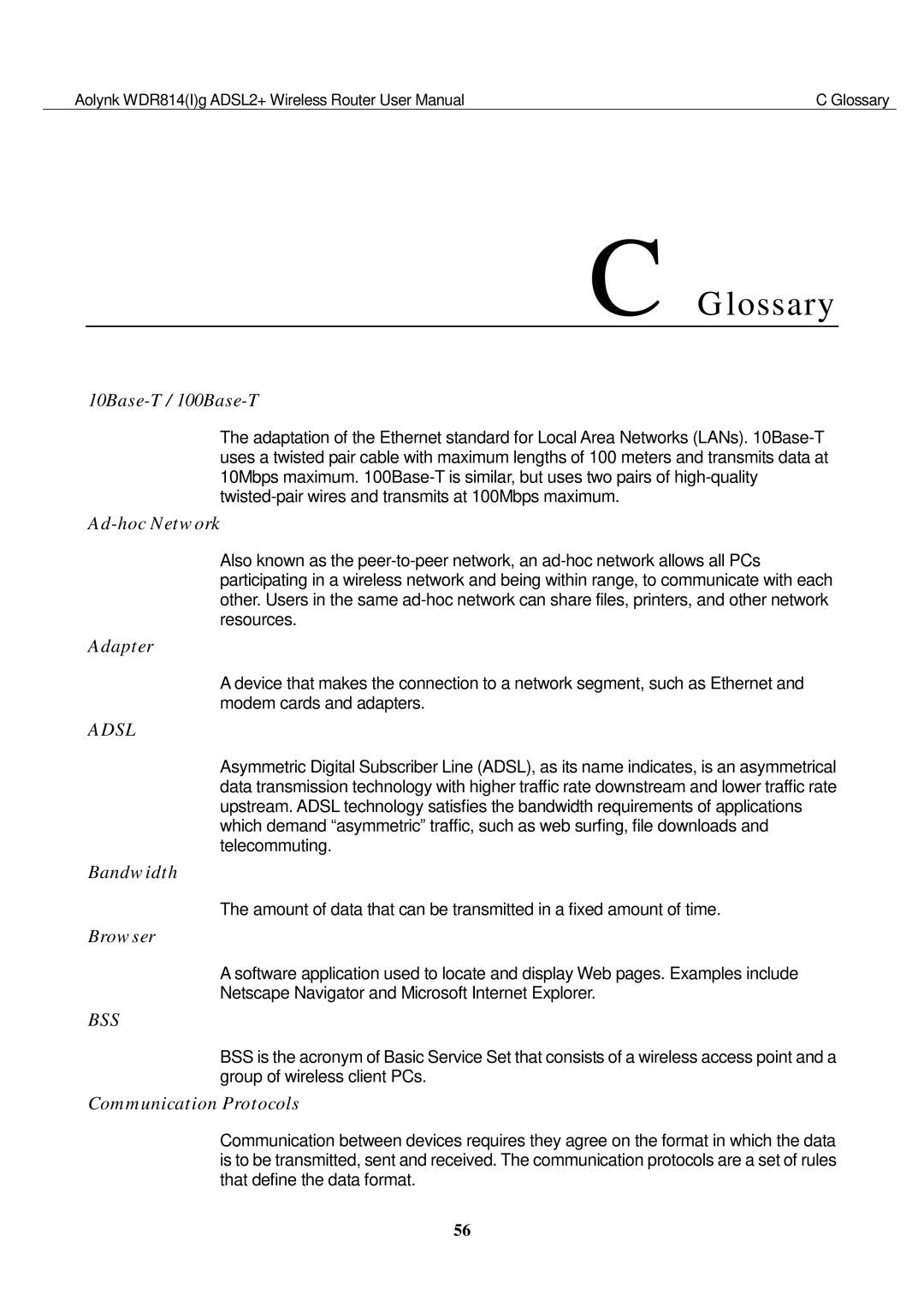 Huawei WDR814IG, WDR814G user manual Glossary, 10Base-T / 100Base-T 