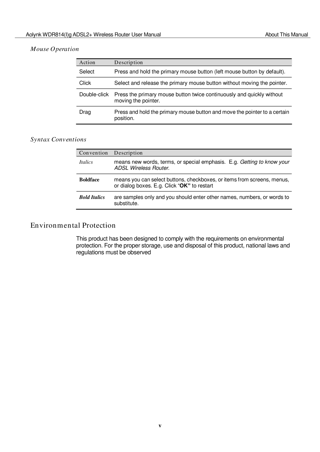 Huawei WDR814G, WDR814IG user manual Environmental Protection, Mouse Operation 