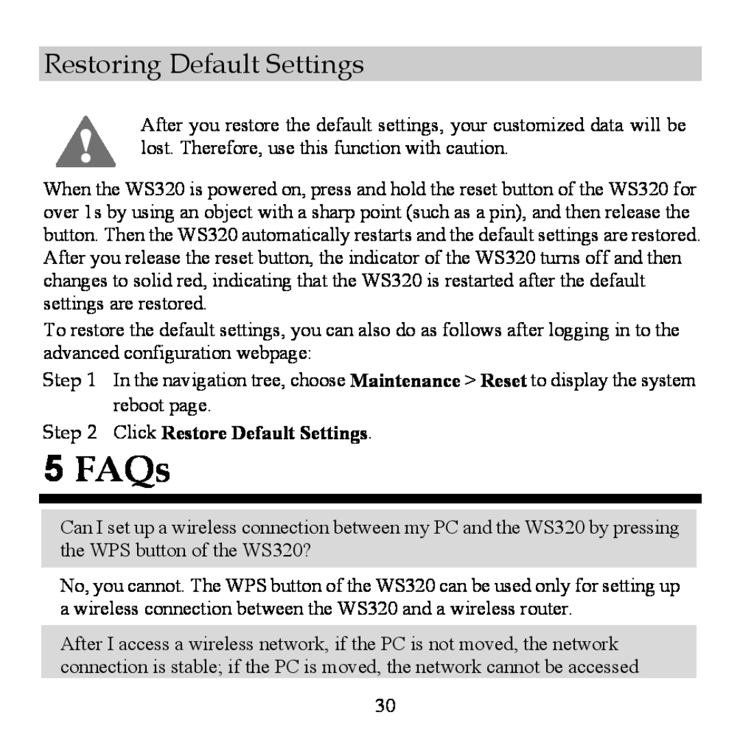 Huawei WS320 manual FAQs, Restoring Default Settings 