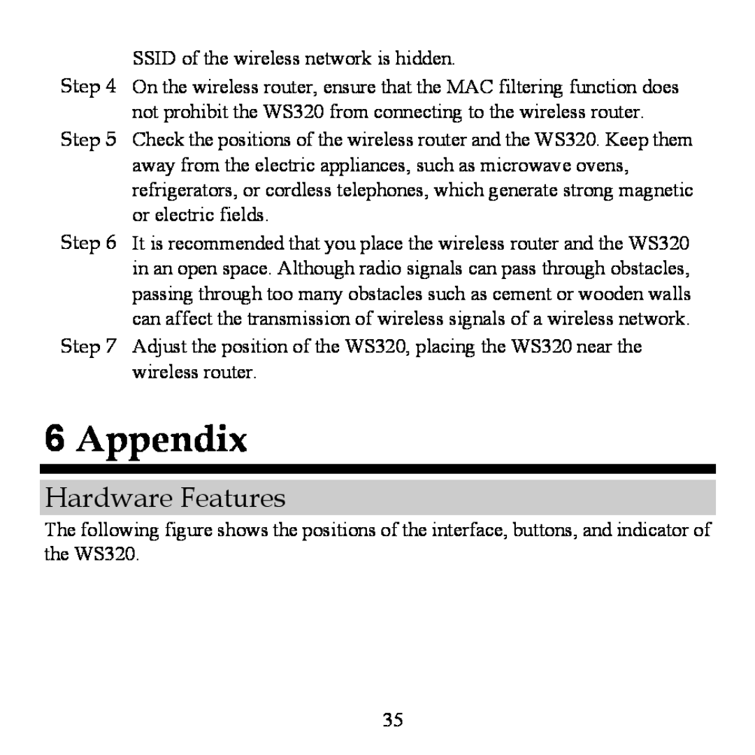 Huawei WS320 manual Appendix, Hardware Features 