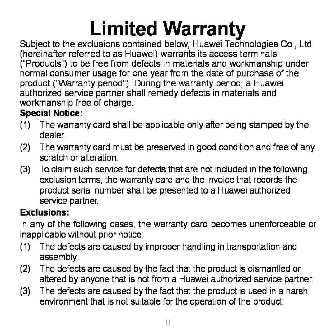 Huawei WS320 manual Limited Warranty, Special Notice, Exclusions 