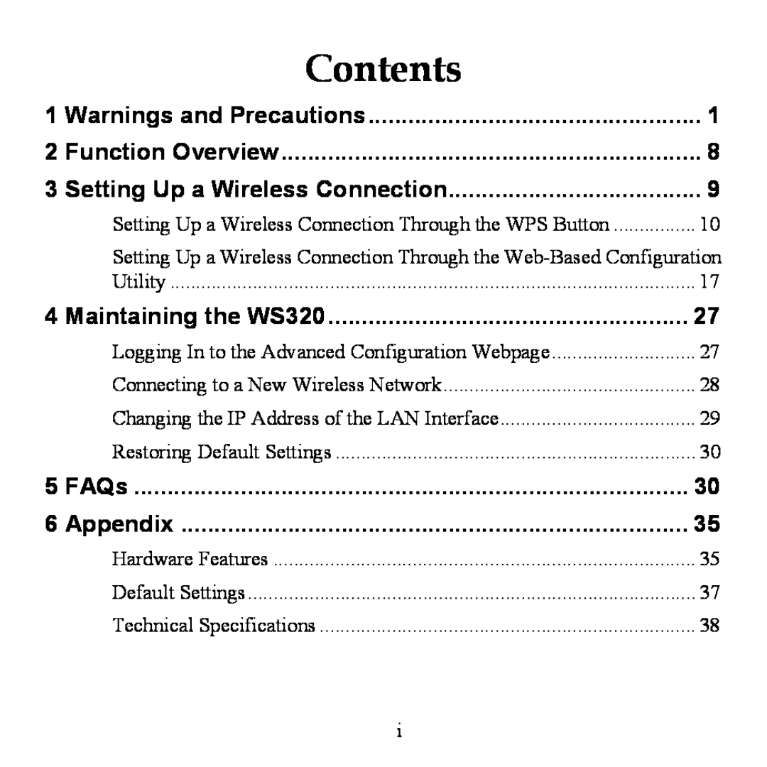 Huawei WS320 manual Contents, Warnings and Precautions, Function Overview, Setting Up a Wireless Connection, FAQs, Appendix 