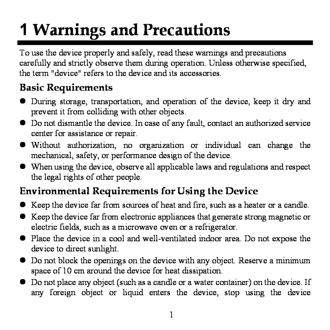 Huawei WS320 manual Warnings and Precautions, Basic Requirements, Environmental Requirements for Using the Device 