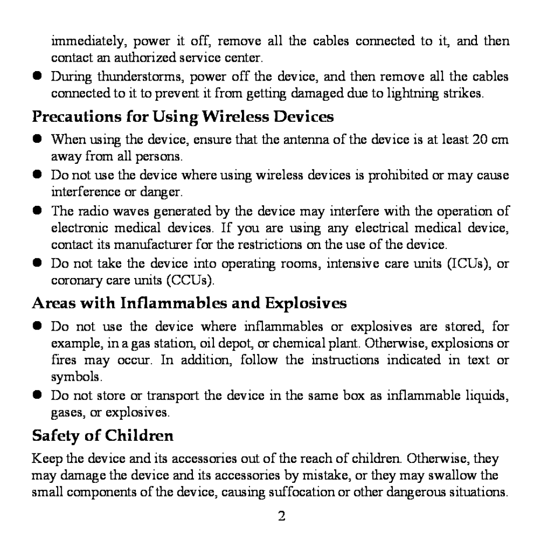 Huawei WS320 manual Precautions for Using Wireless Devices, Areas with Inflammables and Explosives, Safety of Children 
