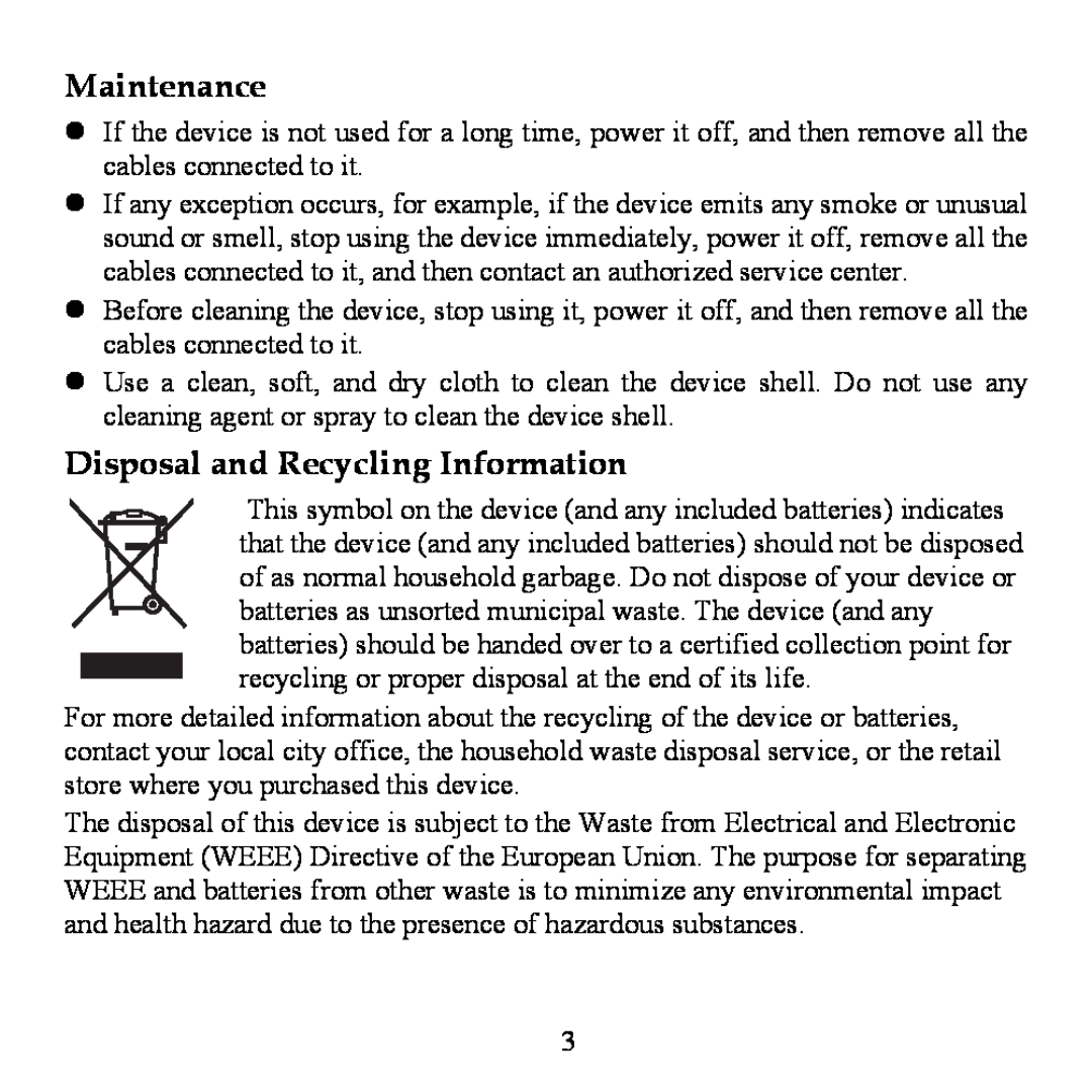 Huawei WS320 manual Maintenance, Disposal and Recycling Information 