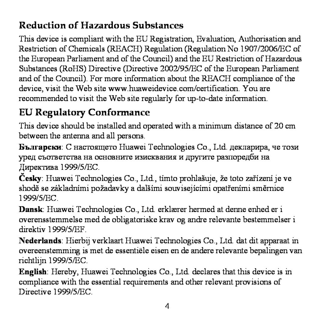 Huawei WS320 manual Reduction of Hazardous Substances, EU Regulatory Conformance 