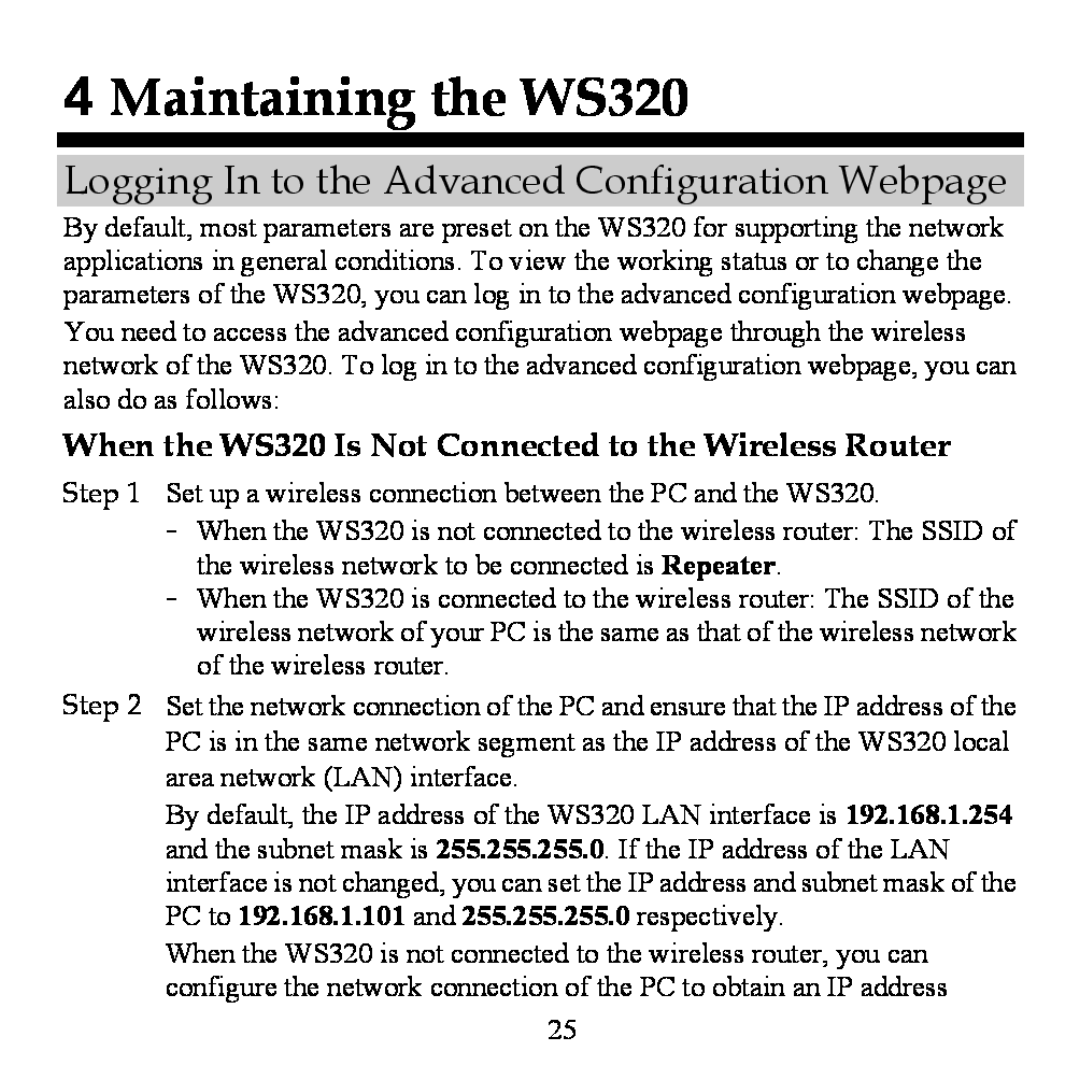 Huawei manual Maintaining the WS320, Logging In to the Advanced Configuration Webpage 